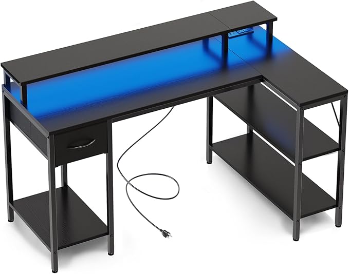 Simple Deluxe 47-inch L-Shaped Gaming Desk with LED Lights &amp Power Outlets Reversible Corner Computer Desk with Monitor Riser Drawer &amp Shelves for Home Office Black