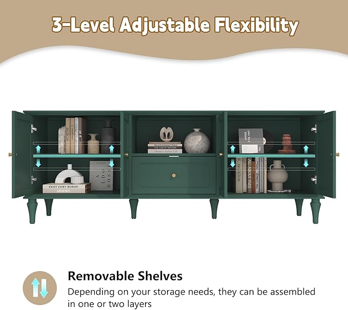 ARTPOWER 67'' Mid-Century Modern TV Stand with Storage Drawer and Doors Long TV Stand with Adjustable Shelves for 75 Inch TV for Living Room Bedroom Green