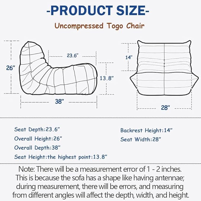 High-end Non-Compression Fireside Togo Chair Bean Bag Chair for Adults Comfy Soft Lazy Sofa Floor Lounge Chair for Bedroom Living Room Office or Lounge