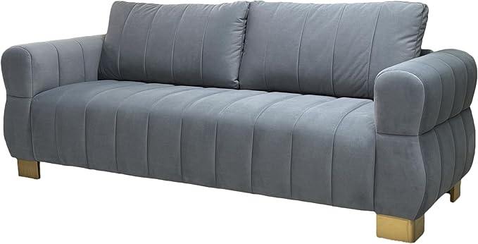 KEIKI 87 Oversized Velvet Cloud Comfy Sofa with Vertical Striped Backrest Cushion Upholstered 3-Seater Fluffy with Golden Metal Legs Easy Assembly for Office Apartment Living Room Grey