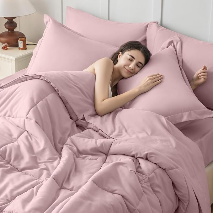 JOLLYVOGUE Queen Comforter Set Ultra-Soft Bed in a Bag Queen Size 7 Pieces Oeko-TEX Certified Bedding Set with Down Alternative Comforter Sheets Pillowcases &amp Shams Camio Pink