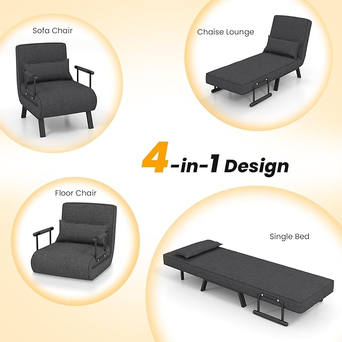 Giantex Convertible Sofa Bed 4-in-1 Sleeper Chair with Pillow Modern Recliner Guest Bed with 6 Positions Adjustable Backrest Metal Legs Linen Fabric Armchairs for Nursery Living Room Office