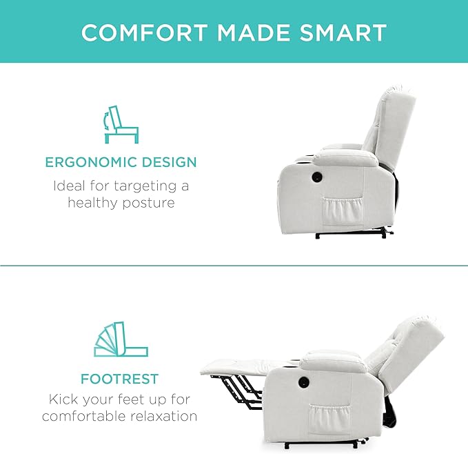 Best Choice Products Modern Linen Electric Power Lift Chair Recliner Massage Chair Adjustable Furniture for Back Legs w/ 3 Positions USB Port Heat Cupholders Easy-to-Reach Button - Ivory