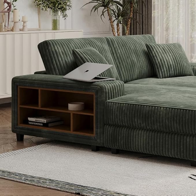 79.5 Oversized Corduroy Modular 2-Seat Sectional Couch with Extra-Wide Armrest Storage and Double Chaise Lounge Modern Convertible Sleeper Sofa for Living RoomGreen