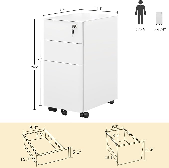 YITAHOME DWVO 3-Drawer Vertical File Cabinet Mobile Filing Cabinet with Lockable Pre-Assembled Compact Slim File Cabinet Portable Office Storage for A4/Letter/Legal Documents (White)