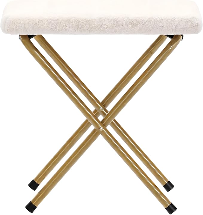 Flash Furniture Eleanor Portable Double Saucer Chair with 2 Ottomans Folding Steel Frames for Dorm or Bedroom 56 Ivory Faux Shearling/Soft Gold Frame