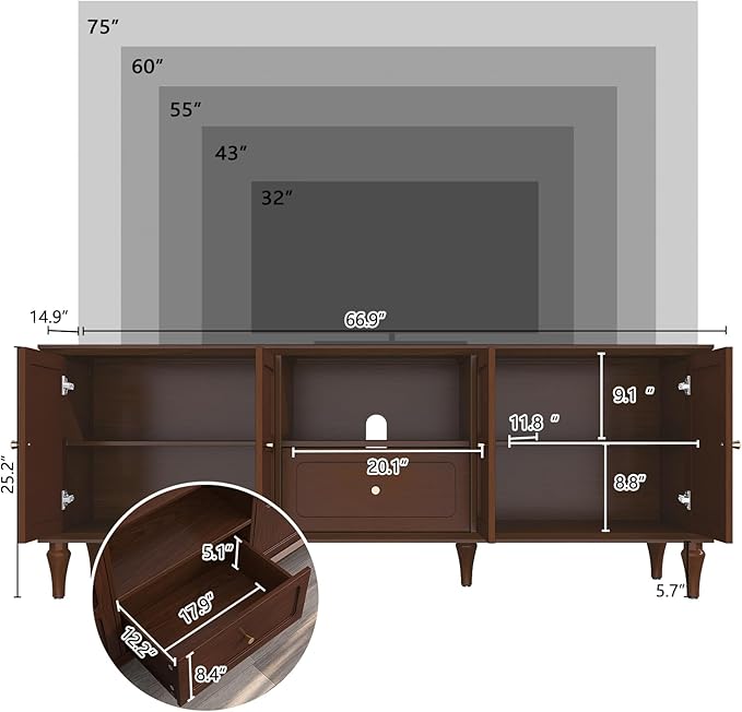 ARTPOWER 67'' Mid-Century Modern TV Stand with Storage Drawer and Doors Long TV Stand with Adjustable Shelves for 75 Inch TV for Living Room Bedroom Brown