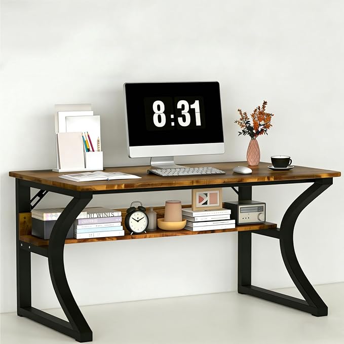 Computer Desk 55 X 23.6 inch Home Office Computer Desks w/Deeper Desktop Study Student Desk Writing Work Table w/Storage Shelf (55Inch/Brown)