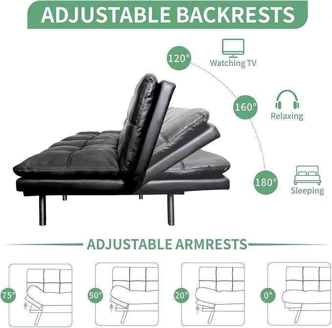 MUUEGM 71 Futon Sofa Bed Convertible Couch Filled with Memory Foam Modern Loveseat with Adjustable Backrest&ampArmrest Sofas for Living RoomGame RoomDormitoryOffice.Black Leather