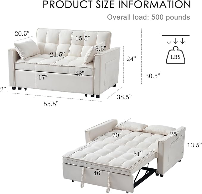 Futon Sleeper Sofa Bed Modern 3 in 1 Convertible Loveseat Sleeper Pull Out Couch Bed with Adjustable Backrest Storage Pockets and Toss Pillows for Living Room Bedroom (Cream)
