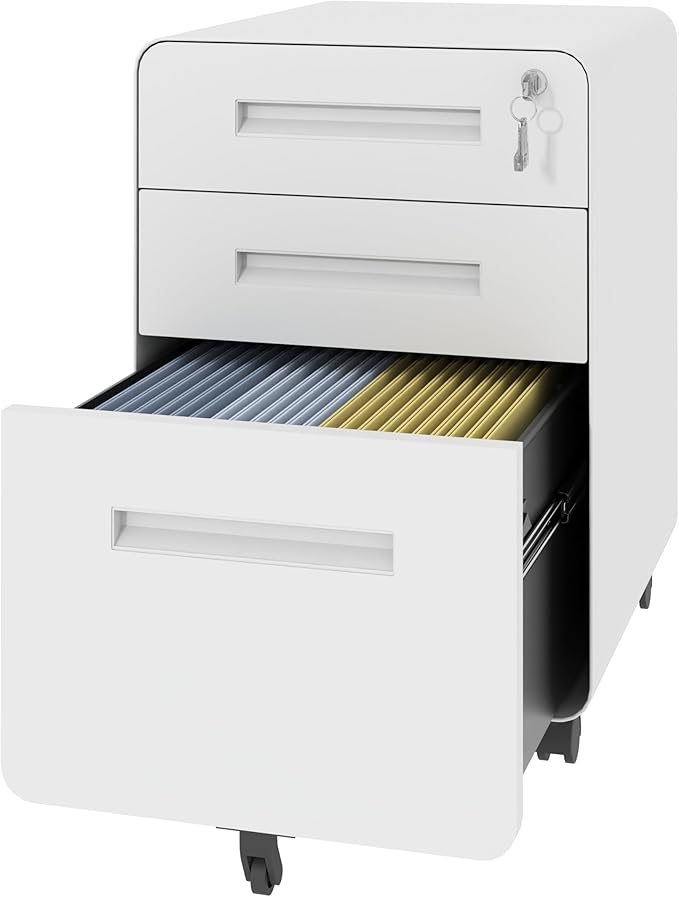 3 Drawer Wide Mobile Small File Cabinet with Lock Under All-Steel Metal Storage Cabinets on CastersDesk Storage Cabinet Organizer Filing Cabinets for Home Office Locking DrawersWhite