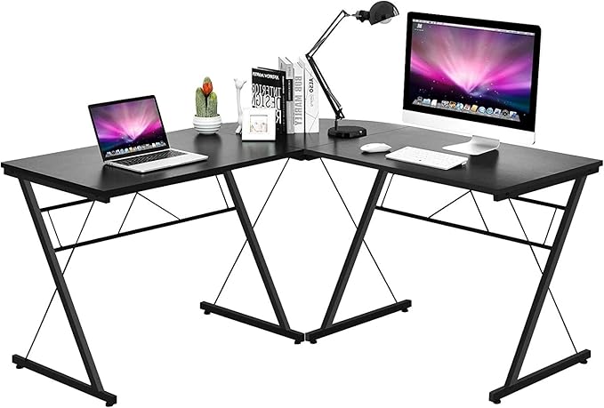 GRAFFY L-Shaped Computer Desk - Gaming Corner Workstation with Large Monitor Stand Round Corner Multifunctional Home Office Desk (Black)