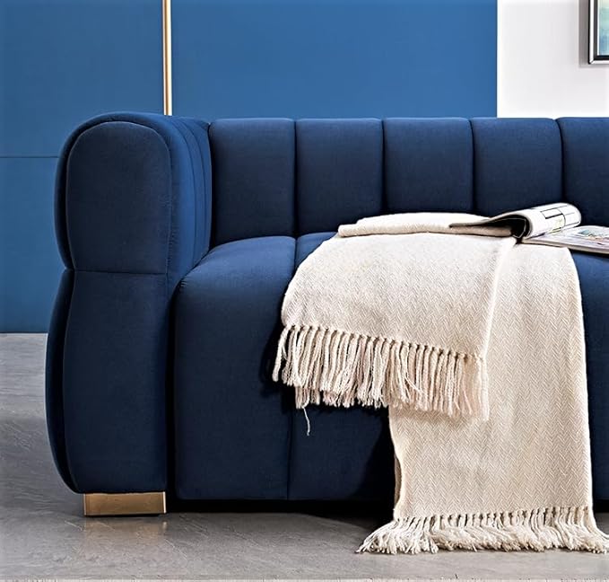 Art Deco Velvet Sofa with Tufted Low Back Design Sophisticated 3 Seater Couch for Living Rooms 89 Inch Wide Easy Assembly Blue