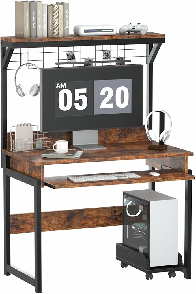 Gaming Computer Desk with Storage Shelves &amp Keyboard Tray 31.5 inch Desk for Small Spaces Home Office Desk with Host Rack for Living Room Study Room (Brown)