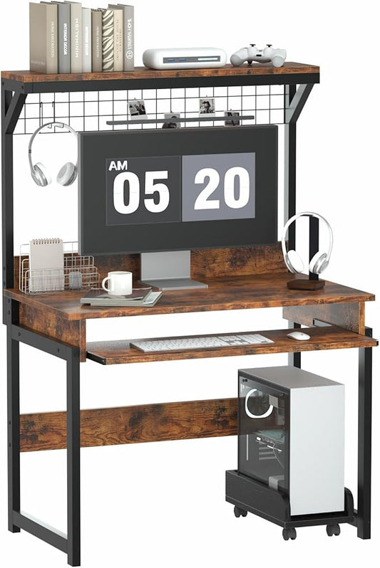 Gaming Computer Desk with Storage Shelves &amp Keyboard Tray 31.5 inch Desk for Small Spaces Home Office Desk with Host Rack for Living Room Study Room (Brown)