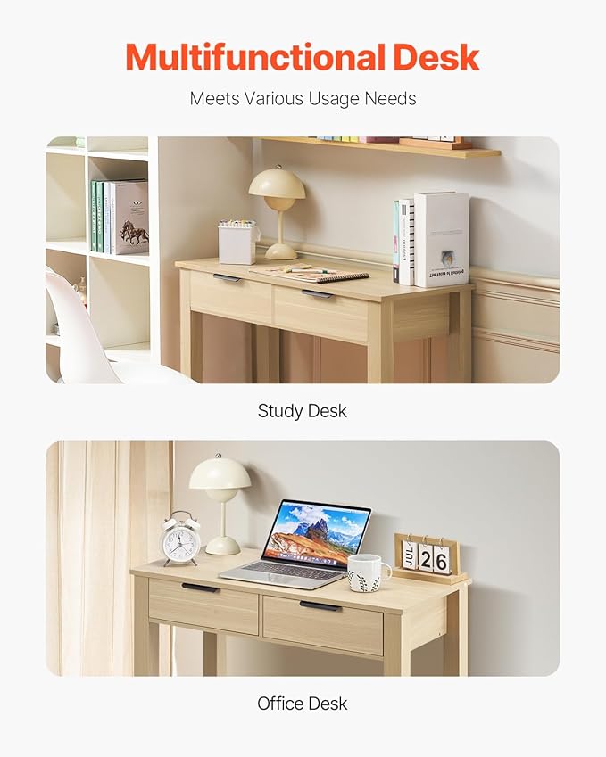 VEVOR Small Desk with Drawers Wooden Table for Home Office Small Computer Desk with Storage Vanity Desk with Drawers Study Table for Adults/Students for Drawing Reading Writing Light Wood