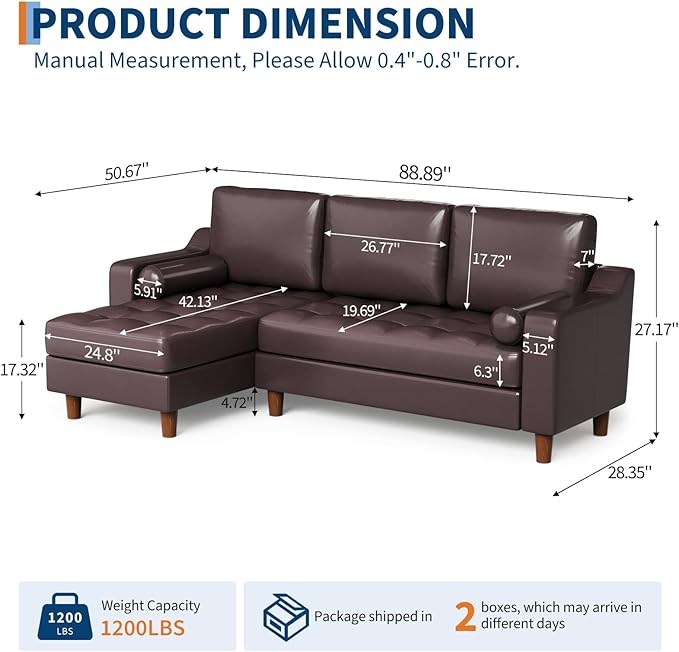 GarveeHome 88.9 L-Shape Sofa with Convertible Chaise Sectional Leather Sofa with Deep Seat Modern Mid-Century Sofa for Living Room Comfy Leather Couch Brown