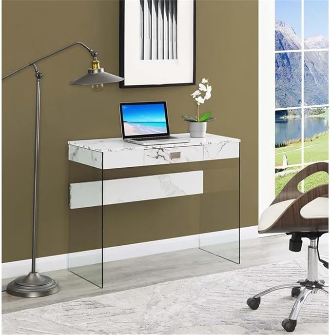 Pemberly Row 36 in Desk Clear Glass and White Faux Marble Finish Particle Board Build with Drawer Modern Contemporary Style Compact Home Office or Study Table