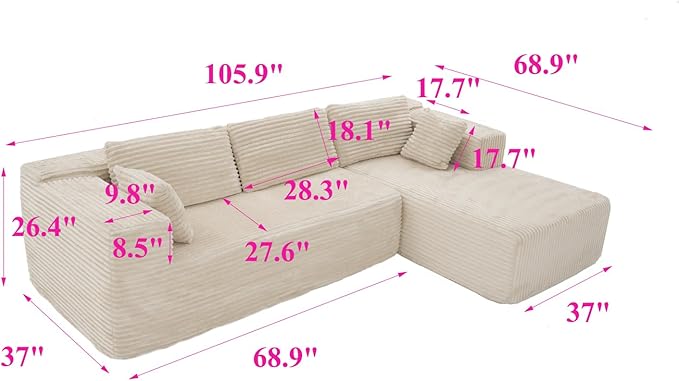 FUFU&ampGAGA 105.9” Sectional Sofa with Chaise L-Shape Corduroy Cloud Couch with Pillows Modern Boneless Sofa for Living Room Apartment No Assembly Required Beige 105.9”W x 68.9”D x 26.4”H