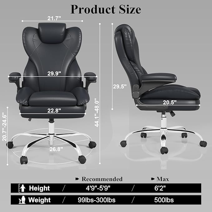 Office Desk Chair Executive Leather Office Chair High Back Ergonomic Home Desk Chair with Padded Flip-up Arms Big and Tall Computer Chair with Rocking Function 360°Swivel Free Black