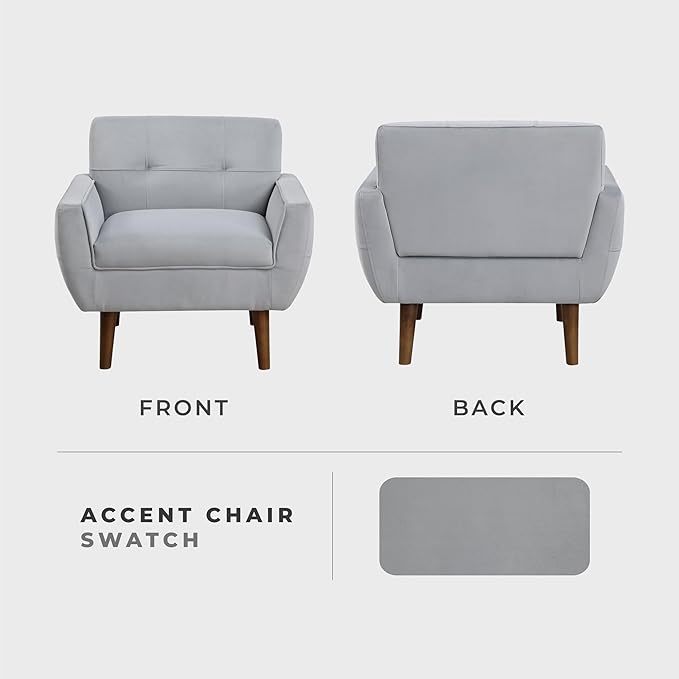 Lexicon Mid Century Modern Accent Chair with Dark Brown Solid Wood Leg Velvet Upholstered Living Room Chair Lounge Arm Chair Tufted Detail Single Sofa Chair Comfortable Reading Chair Gray