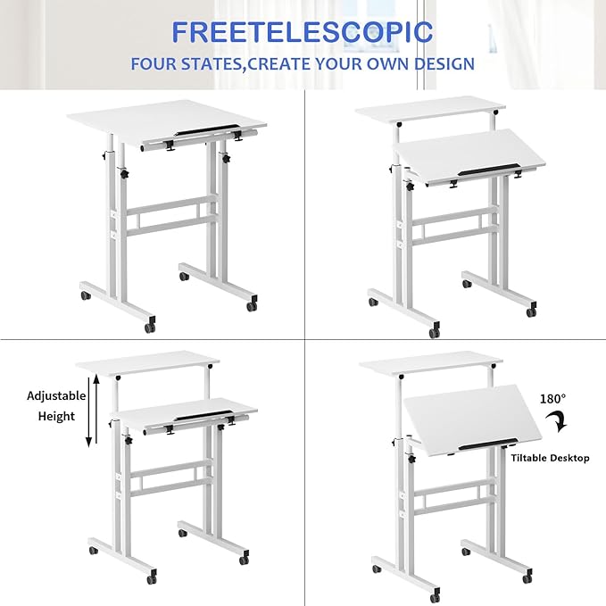soges Mobile Standing Desk Adjustable Height Roling Sit-Stand Desk Small Standing Computer Desk Workstation on Wheels Sit Stand Up Desk for Home Office White