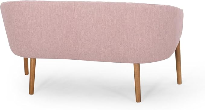 Blush Fabric Loveseat Sofa - Mid Century Modern Channel Stitched Backrest with Brown Rubberwood Legs for Living Room Bedroom or Foyer