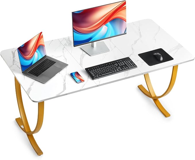 VEVOR Executive Desk 63 W x 31.5 D Large Office Desk Modern Computer Table Conference Meeting Room Table Business Furniture Enlarged Desktop for Home Office White and Gold
