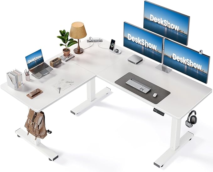L-Shaped Standing Desk - 63 x 55 Inch Adjustable Corner Standing Desk with Charging Station - L Shape Sit Stand Table with Memory Controller Splice Board for Home Office