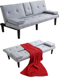 67 Futon Sofa BedConvertible Sofa Bed with 2 Cup HoldersSleeper Couch PVC Leather Removable Soft Armrest Small Couch for Living Room Apartments ﻿ (Light Gray)