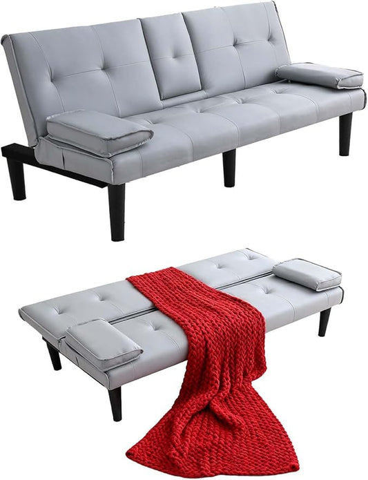 67 Futon Sofa BedConvertible Sofa Bed with 2 Cup HoldersSleeper Couch PVC Leather Removable Soft Armrest Small Couch for Living Room Apartments ﻿ (Light Gray)