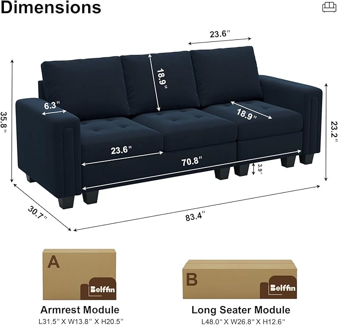 Belffin Velvet Modular Sofa Couch 3 Seater Sofa Couch for Living Room Blue