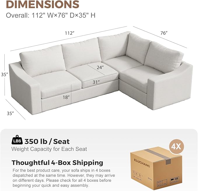 ABCASA 112 Oversized V-Shaped Modular Sectional Couch with Chaise Corner Sectional Sofa 5-Seater Deep Seat Cloud Couch Reversible Corner Upholstered Soft Linen Couches for Living Room Ivory | Brea