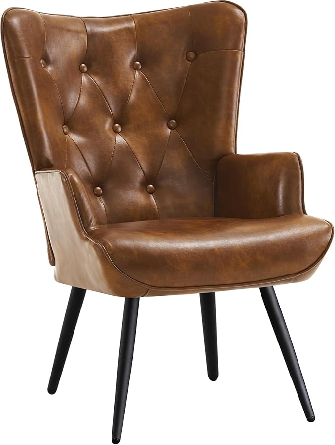 Furniliving PU Leather Accent Chair for Living Room Upholstered Reading Chair with High Backrest Tufted-Button Wingback Armchair for Bedroom Dressing Room Home Office Brown