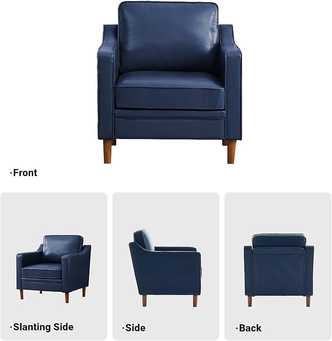 Kingfun Accent Chair Living Room Chairs Faux Leather Reading Armchair Mid Century with Solid Wood Foot Upholstered Modern Decor for Bedroom Apartment Royal Blue