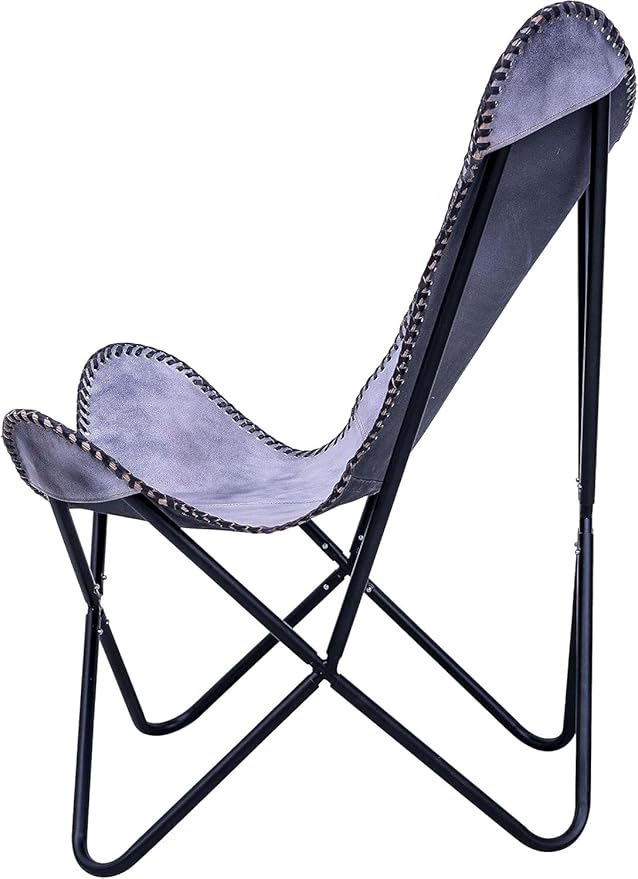 Shy Shy Let's Touch The Sky Leather Chair Living Room Chairs- Grey Leather Butterfly Arm Chair -Handmade with Powder Coated Folding Iron Frame (Vintage Cover with Frame) (Grey+Black)