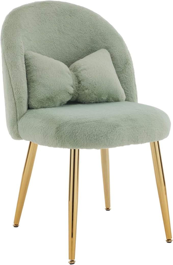 VINGLI Fluffy Girls Vanity Chair with Back &amp PillowCute Small Cozy Desk Chair No WheelsComfy Makeup Ch with Ajustable Gold Legsfor BedroomLiving RoomSmall SpaceGreen