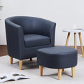 DAZONE Leather Chair Accent Chair Mid Century Modern with Ottoman Faux Barrel Comfy Armchair Upholstered Club Tub Round Arms for Living Room Bedroom Reading Navy Blue Set of 1