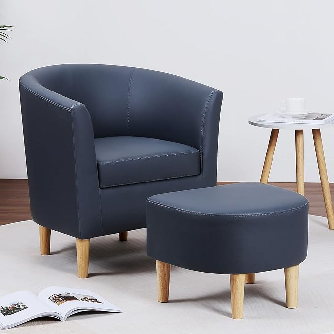 DAZONE Leather Chair Accent Chair Mid Century Modern with Ottoman Faux Barrel Comfy Armchair Upholstered Club Tub Round Arms for Living Room Bedroom Reading Navy Blue Set of 1