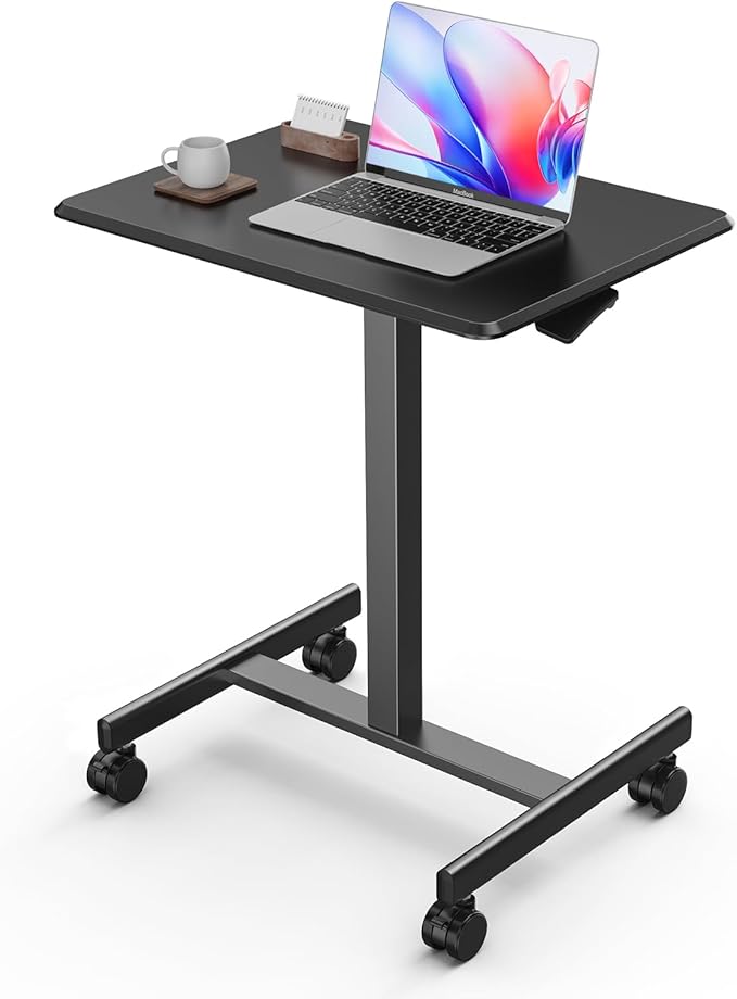 Sweetcrispy Small Mobile Rolling Standing Desk - Overbed Table Mobile Portable Rolling Laptop PC Table with Locking Wheels Adjustable Height Computer Workstation for Home Office 19 Inch Black