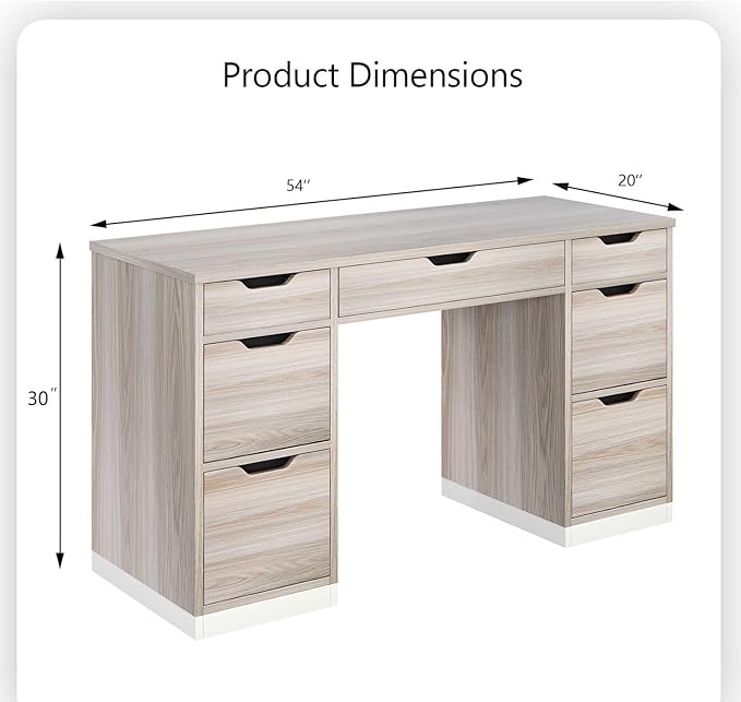 Computer Desk with Drawers 54 Inch Small Office Desk with 7 Drawers for Bedroom Executive Desk with Stoarge Drawers for Work Study Writing Small Spaces Walnut