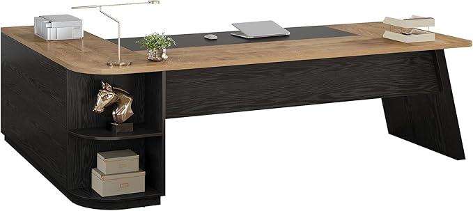 Tribesigns 79-Inch Executive Desk Large Office Desk with Cabinet L-Shaped Compter Desk with Storage Shelves Writing Table for Home Office Natural Oak and Black