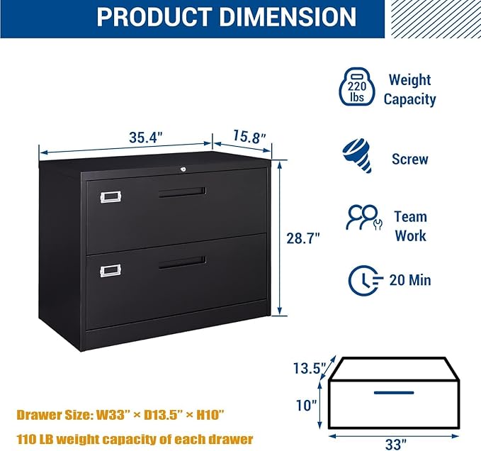 Lateral File Cabinet with Lock 2 Drawer Large Metal Filing CabinetHome Office Lockable Storage Cabinet for Hanging Files Letter/Legal/F4/A4 Size-Assembly Required