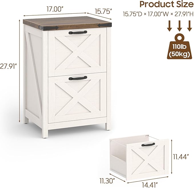 2 Drawer Small File Cabinet Farmhouse Vertical Filing Cabinet Fits Letter and A4 Size Under Desk Wooden File Cabinets for Home Office Printer Stand Rustic White