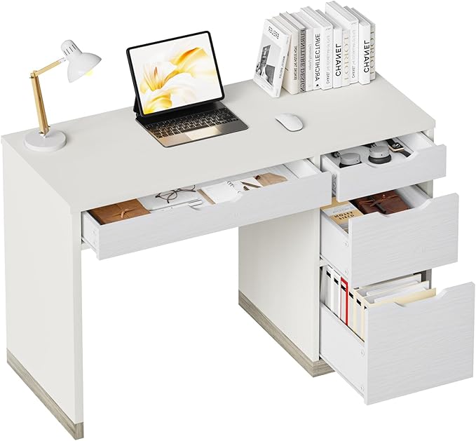 White Desk with Drawers 48 Inch Small Computer Desk with 4 Storage Drawers for Small Space Home Office Desk for Bedroom with Storage File Drawer