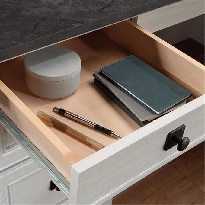 Pemberly Row L-Shaped Engineered Wood Desk Glacier Oak/Rosso Slate Accents 68.74 x 65.11 x 29.6 in Adjustable Storage File Drawers Grommet Holes Home Office Desk