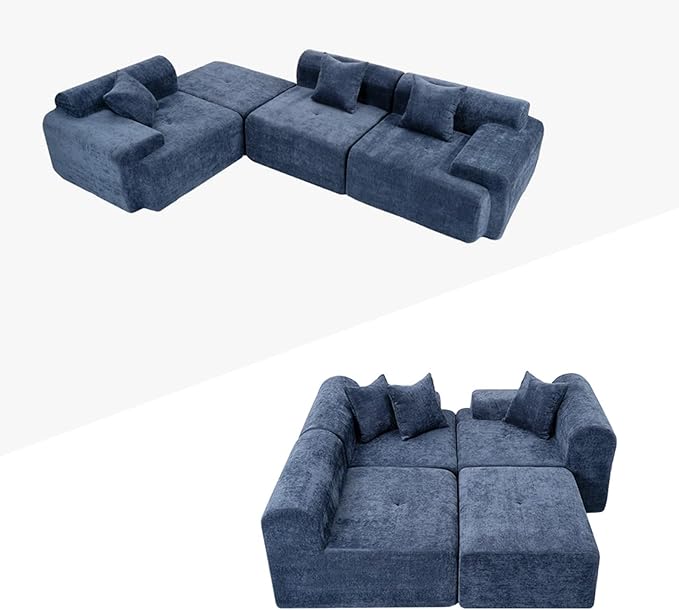 118 Cloud Sectional Couch for Living Room L-Shaped Modern Modular Sectional Sofa Boneless 4-Seater Lounge Couch with Deep Seat and Movable Ottoman No Assembly Blue