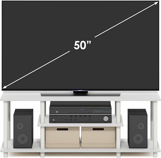 Furinno Turn-N-Tube TV Stand 3-Tier Open Frame Rectangular Entertainment Center with Storage Shelf TV Console for TV up to 50 Inch Toolless Assembly for Living Room Bedroom White