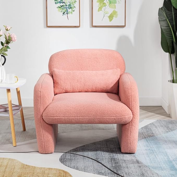 Stylish and Minimalist Teddy Fleece Single Sofa Chair with Arms and Pillow Armchair Accent Chair for Living Room Bedroom StudyGrey (Pink + Teddy)