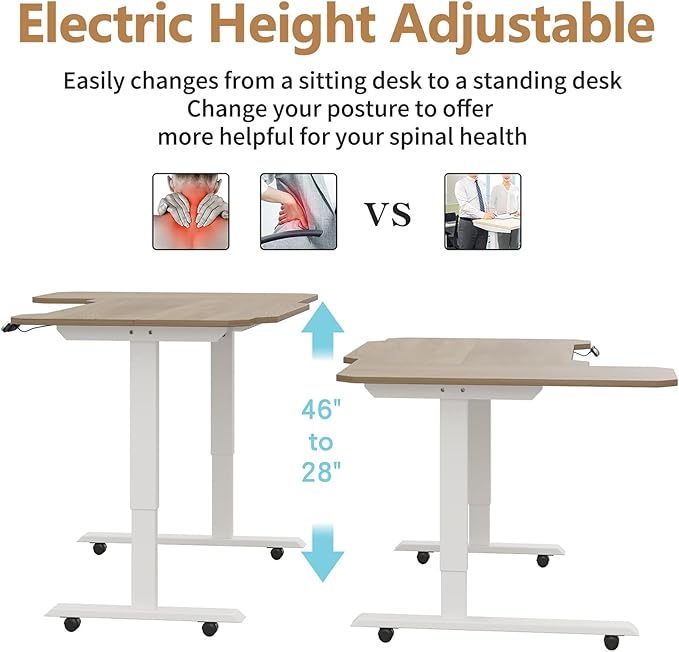 59 L-Shaped Standing Desk Height Adjustable Electric Corner Desk with Wheels Ergonomic Rising Computer Table for Home Office (Nature)